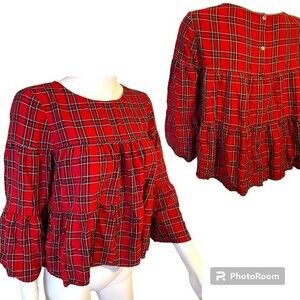 Madewell Red Plaid Tiered Button Down Back Crop Top Ruffle Bell Sleeves Size XS